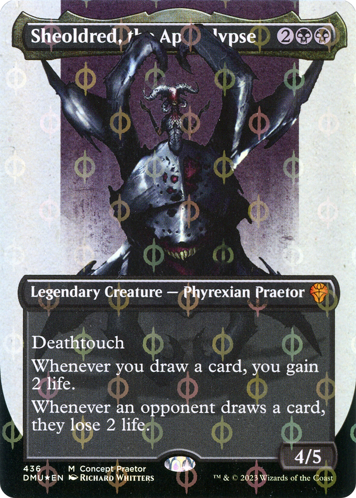Sheoldred, the Apocalypse (Borderless Concept Praetors Step-and-Compleat Foil) [Dominaria United]